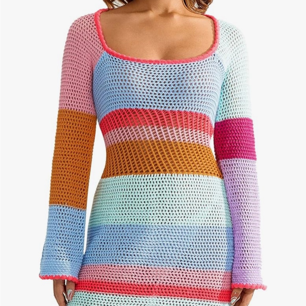 Crotchet Long Sleeve Colorful Cover Up